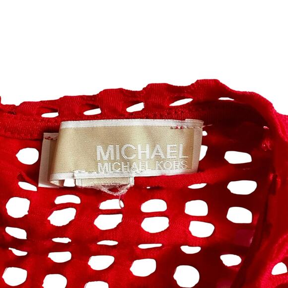 Michael Kors Short Sleeve Mesh Panel Fit and Flare Mini Dress Red Evening Party - Picture 9 of 11